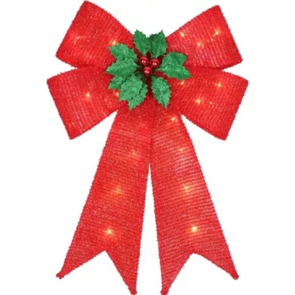 Light-Up Red & Green Holly LED Fabric & Plastic Bow Decoration, 14in x 21in - Picture 1 of 5